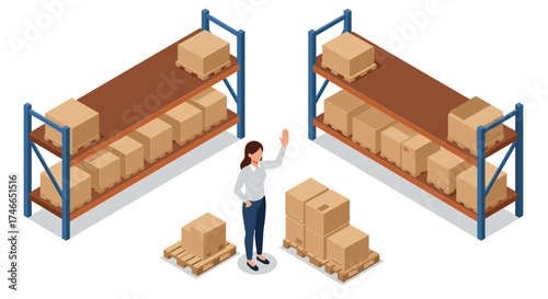 Warehouse management concept with worker and stacked cardboard boxes in isometric style