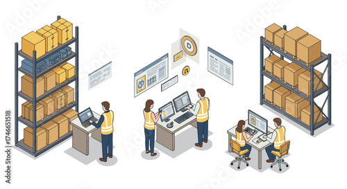 Isometric warehouse management with employees and inventory on computers