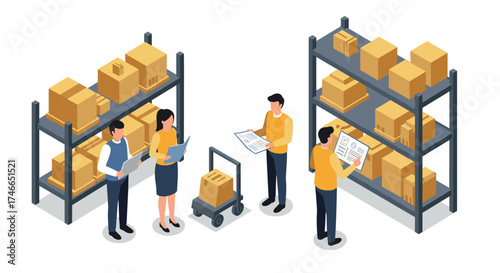 Warehouse team organizing inventory on shelves in isometric style