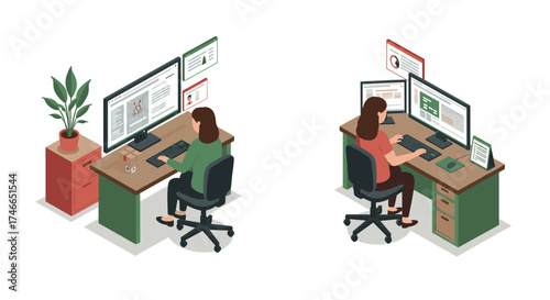 Isometric office workspace with women at desks and computers for remote work