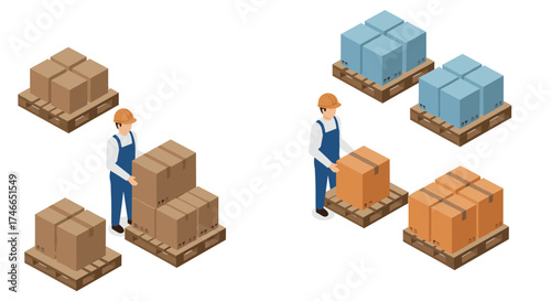 Isometric warehouse workers arranging boxes on pallets for logistics and shipping