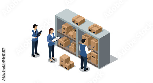 Isometric warehouse management collaboration with team and shelves