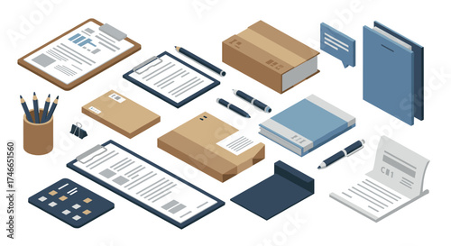 Isometric office supplies set with books, clipboards, and stationery