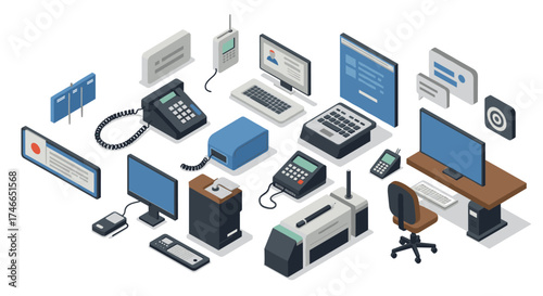 Modern office equipment isometric layout with computers and gadgets