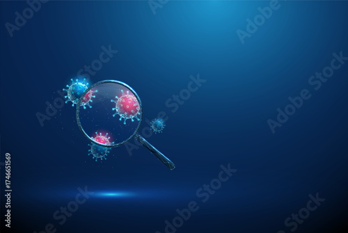 Magnifying glass showing blueand red viruses. Viral structure analysis, pathogen detection, infectious disease diagnostics, biotechnology concept.