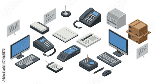 Isometric office equipment set with computer, phone, and documents