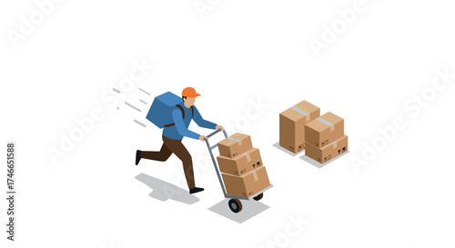 Isometric delivery worker pushing hand truck with cardboard boxes