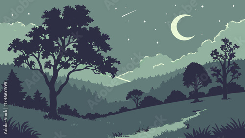 Night Landscape Moonlit Forest Scene Serene Nature Illustration Calm Evening Stars Trees Creek Hills Silhouette Vector Art.