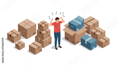 Frustrated person surrounded by cardboard boxes in isometric style