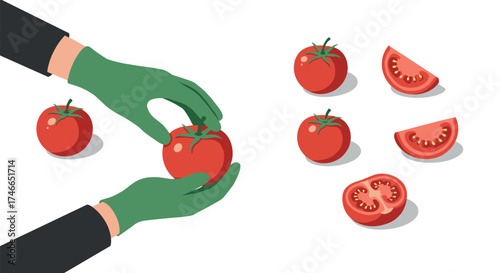 Gardener's hands with fresh tomatoes and slices on white background