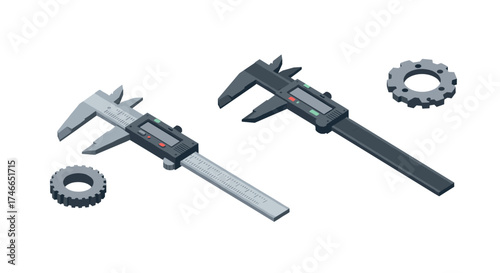 Digital and analog calipers with gears in isometric style for engineering and measurement themes