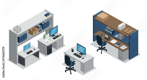 Modern office space isometric design with desks, computers, and shelving units