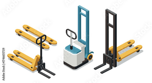 Isometric pallet jack and forklift designs for warehouse and industrial use
