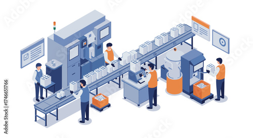 Isometric factory assembly line with automated robots and workers
