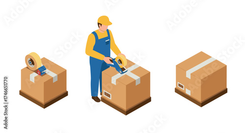 Isometric packaging process with worker sealing cardboard boxes