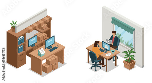 Modern office workspace with employees at desks and shelves, isometric design