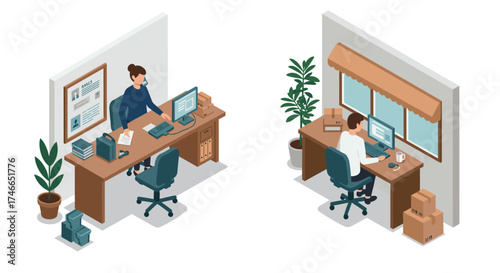 Isometric office workspace with plants and modern furniture