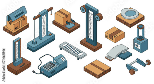 Isometric industrial equipment and package design elements in modern style