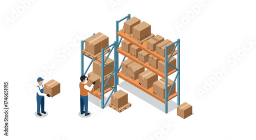 Warehouse storage concept with workers organizing boxes on shelves in isometric design