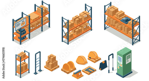 Isometric warehouse shelving with boxes and construction hard hats