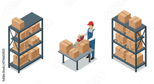 Warehouse worker packing boxes in isometric storage facility with shelves