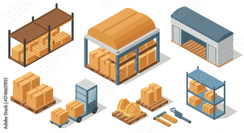 Isometric warehouse elements and equipment for logistics and storage design