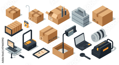 Modern office and packaging equipment isometric icons for business and logistics