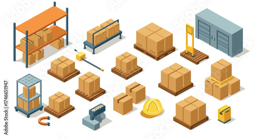 Isometric warehouse icons with cartons and equipment for logistics themes