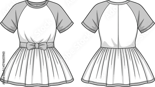 Girl’s short sleeve dress fashion illustration, raglan contrast sleeves, bow waistband, pleated gathered skirt, front and back technical drawing, garment template