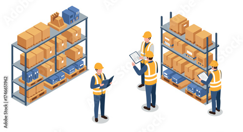 Warehouse inventory management with workers in isometric style