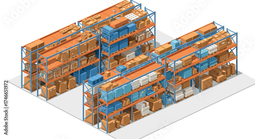 Isometric warehouse shelving with organized boxes and containers in storage facility