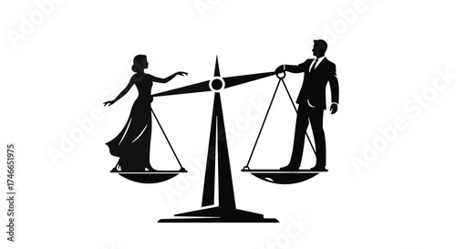 Silhouette of man and woman on scales representing balance and equality