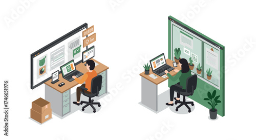 Remote work isometric concept with people working at desks in home office settings