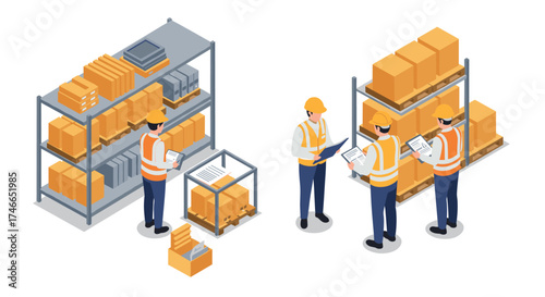 Warehouse team in isometric style organizing boxes and inventory on shelves