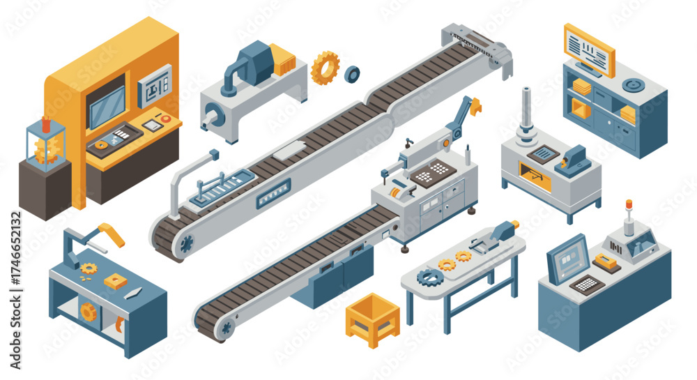 Obraz premium Isometric factory assembly line with machines and conveyor belt in modern industrial setting
