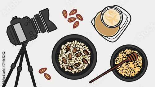 Overhead Flatlay Still Life Photography of Food and Camera on Tripod Nuts Seeds and Beverage.