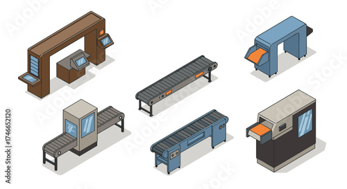 Isometric style factory conveyor systems and industrial machines on white background