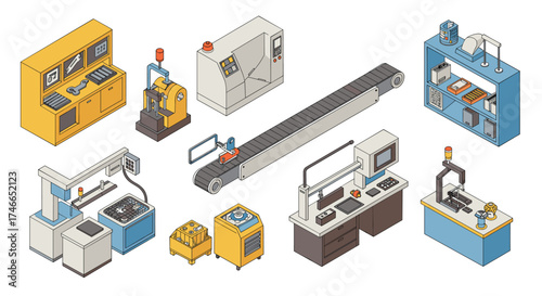Isometric factory equipment collection with conveyor belt and industrial machines