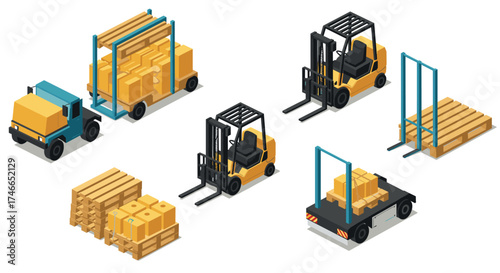 Isometric warehouse equipment set featuring forklifts and pallets
