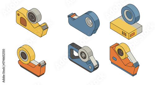 Colorful isometric tape dispensers collection for office and craft use