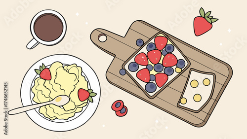 Overhead View of Breakfast with Toast Berries and Coffee.