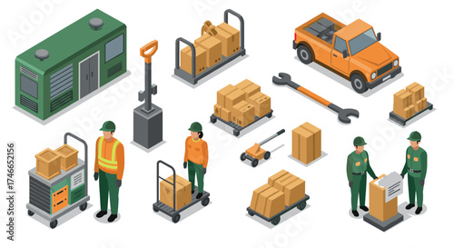 Isometric warehouse and logistics elements with workers and equipment