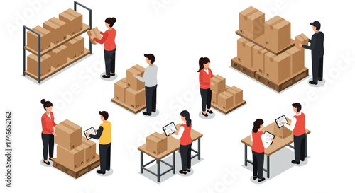 Warehouse workers organizing boxes and inventory in isometric style