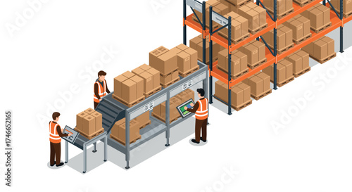 Isometric warehouse scene with workers and conveyor belt