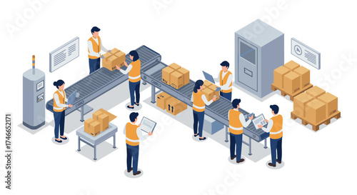 Efficient warehouse automation: workers on conveyor system in modern facility