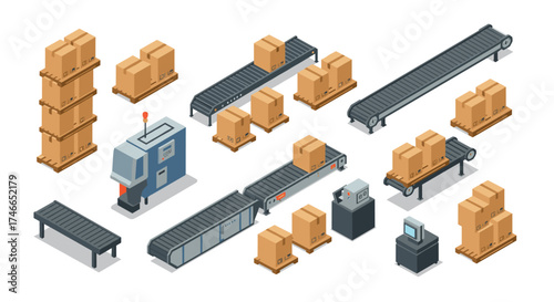 Industrial automation conveyor system with cardboard boxes in isometric design