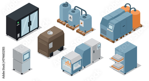 Isometric industrial equipment set featuring various machines and storage tanks
