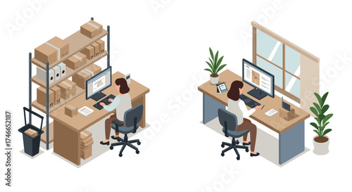 Office workspace isometric view with employees and desks in modern setting