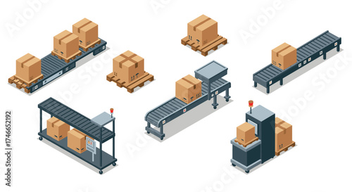 Isometric conveyor belt system with cardboard boxes in warehouse setting