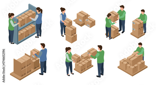 Isometric warehouse activities: workers organizing, stacking, and inspecting boxes